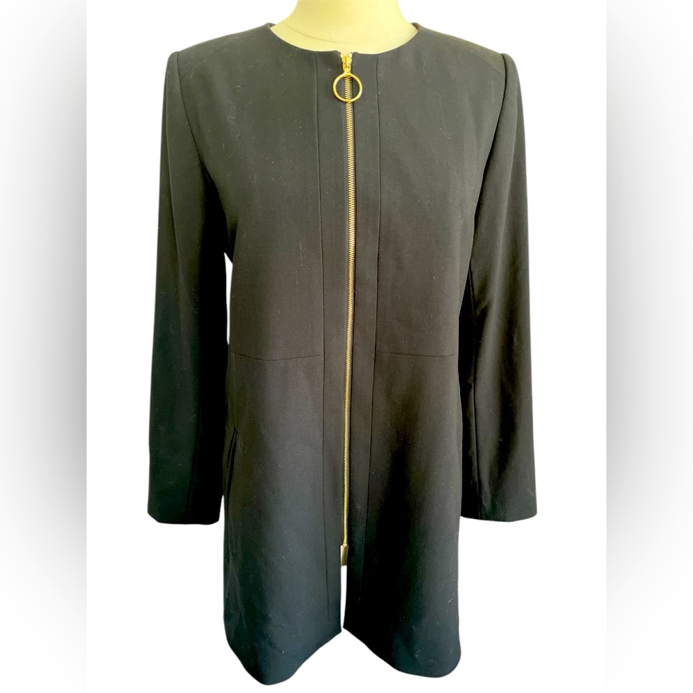 Calvin Klein Black long Blazer Lined w/Gold Zipper,shoulder pads,pockets Size 12